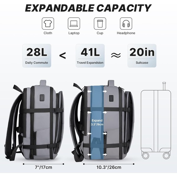 DEVPNR Expandable Laptop Backpack 41L USB Port Airline Approved Travel Bag 17.3" - Picture 7 of 12